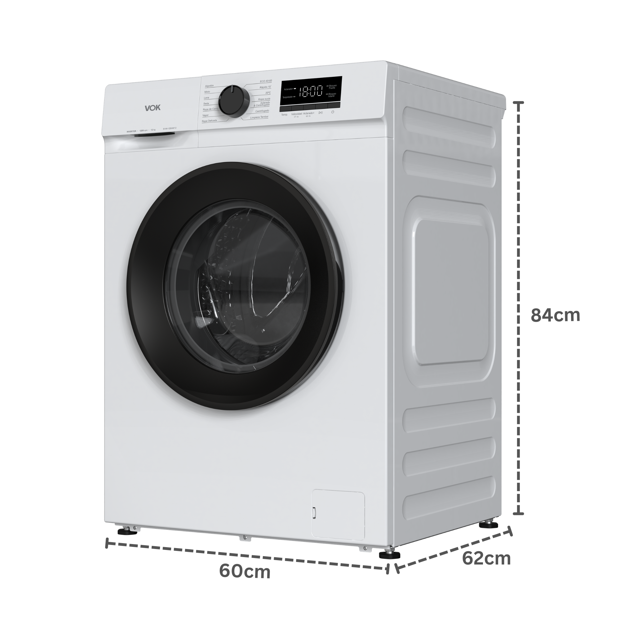 Lavadora blanca con puerta y pantalla negras. Dimensiones: 84x60x62cm.