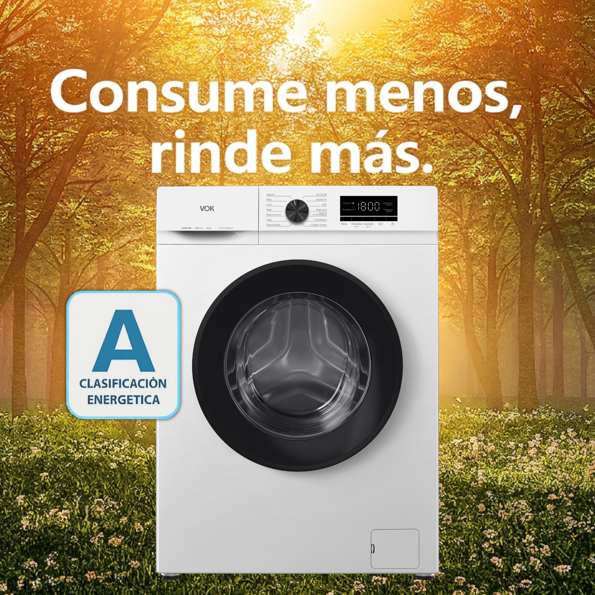 Una lavadora blanca con puerta negra está en la hierba. Clasificación energética A.