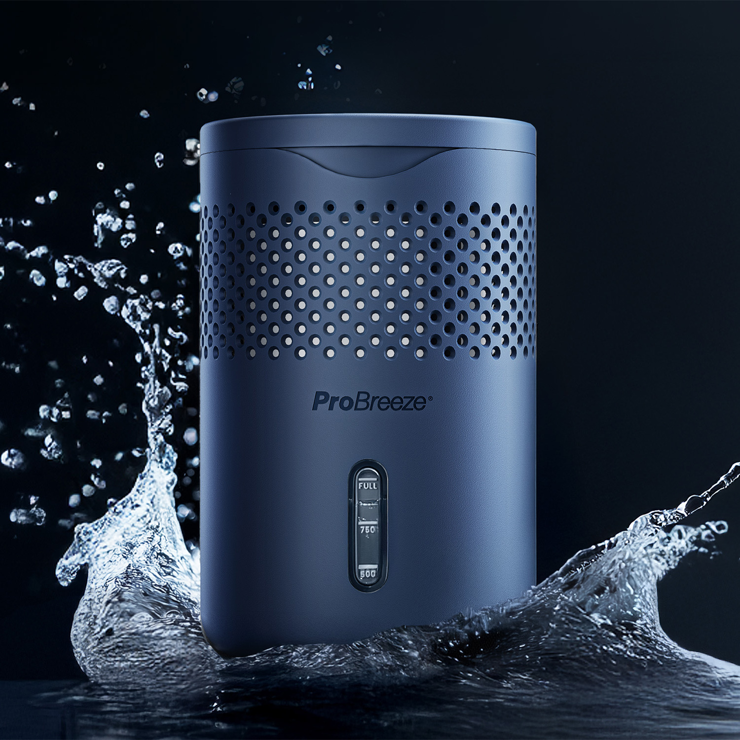 A blue dehumidifier with water splashes, standing on a dark surface.