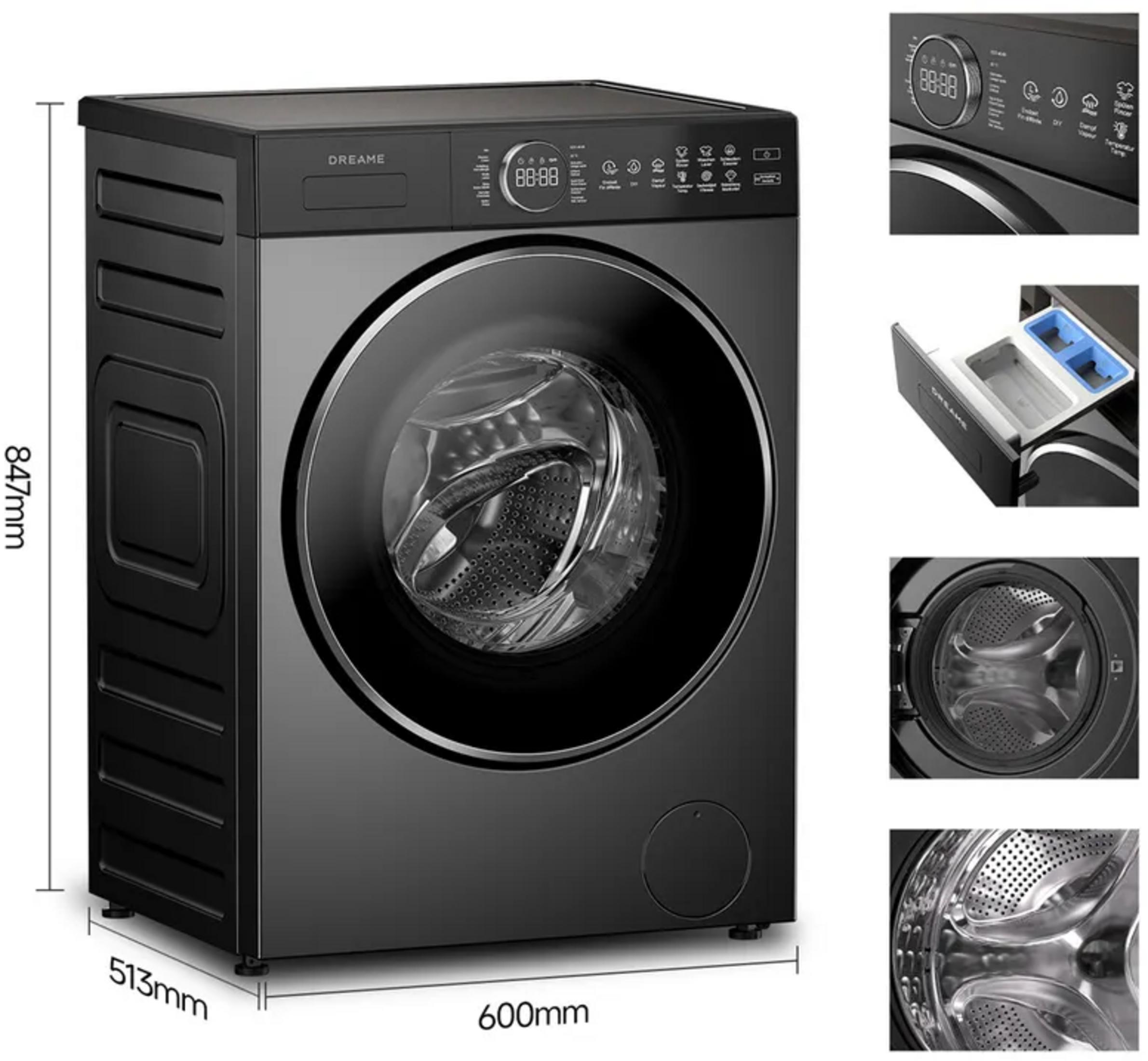 Lavatrice nera con display digitale e cestello argentato. Vengono mostrate le dimensioni.