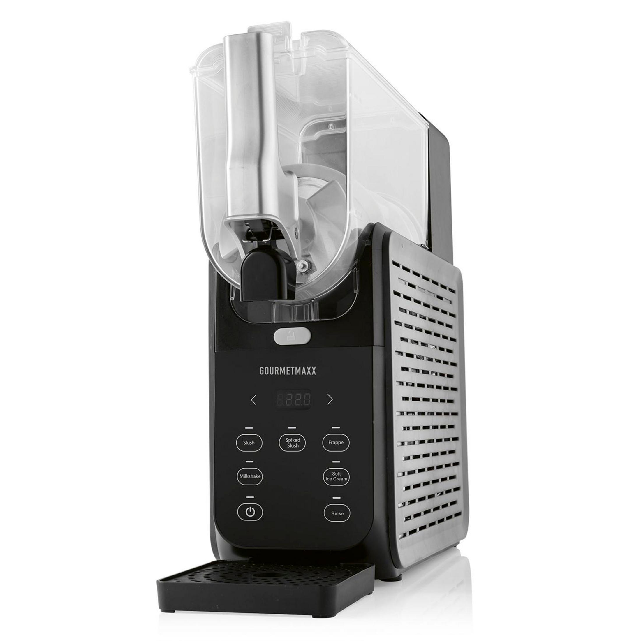 Ein schwarzer Eismaschine mit transparentem Deckel und silbernem Ausgießer.