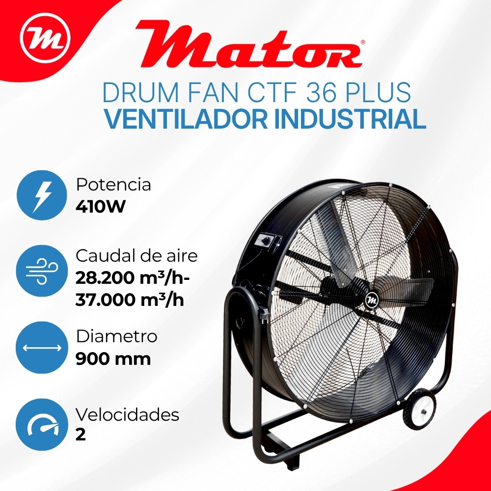 Un gran ventilador industrial negro con ruedas y asas. Las especificaciones de potencia están a la izquierda.