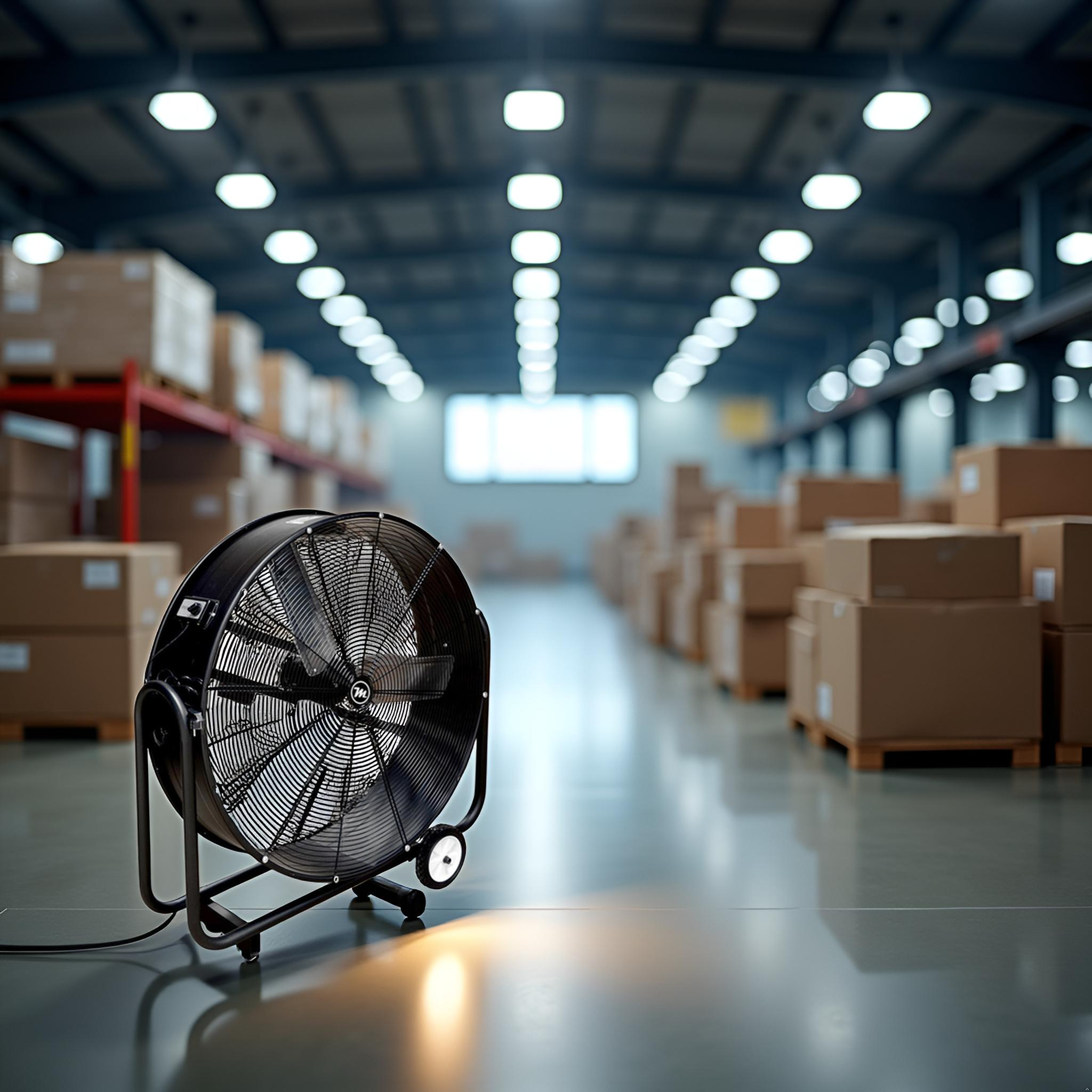 Un ventilador negro en un almacén lleno de cajas de cartón.