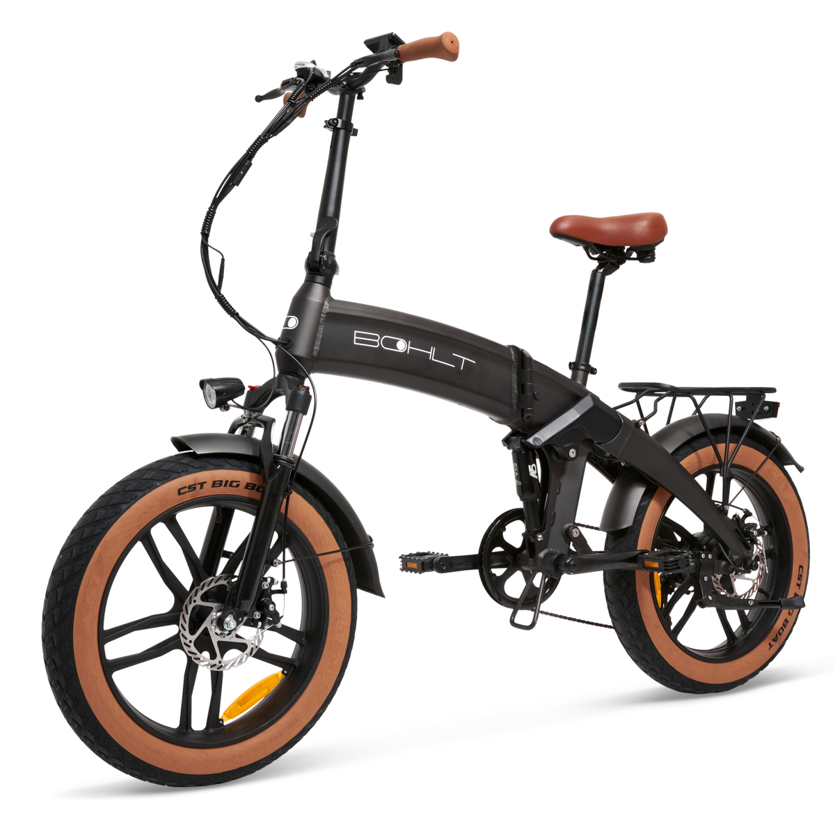A black folding bicycle with brown tires and seat, on a white background.