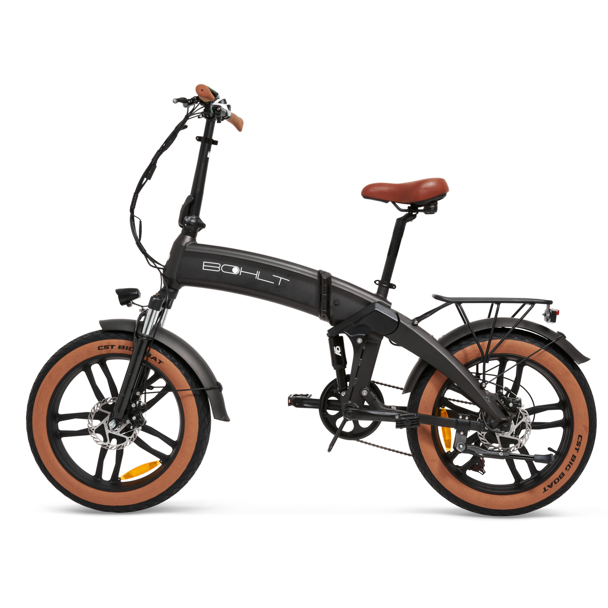 A black folding electric bicycle with tan tires and brown seat, against a white background.