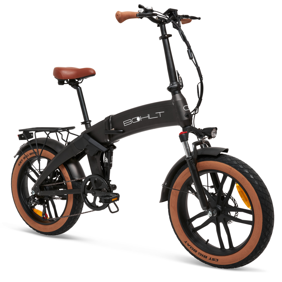 A black folding e-bike with brown accents and wide tires.