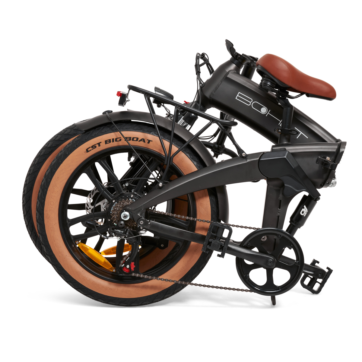 A folded black e-bike with a brown seat and wide tan tires.