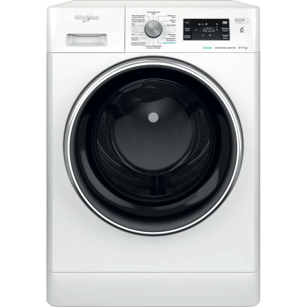 Witte Whirlpool wasmachine met voorlader en digitaal display.