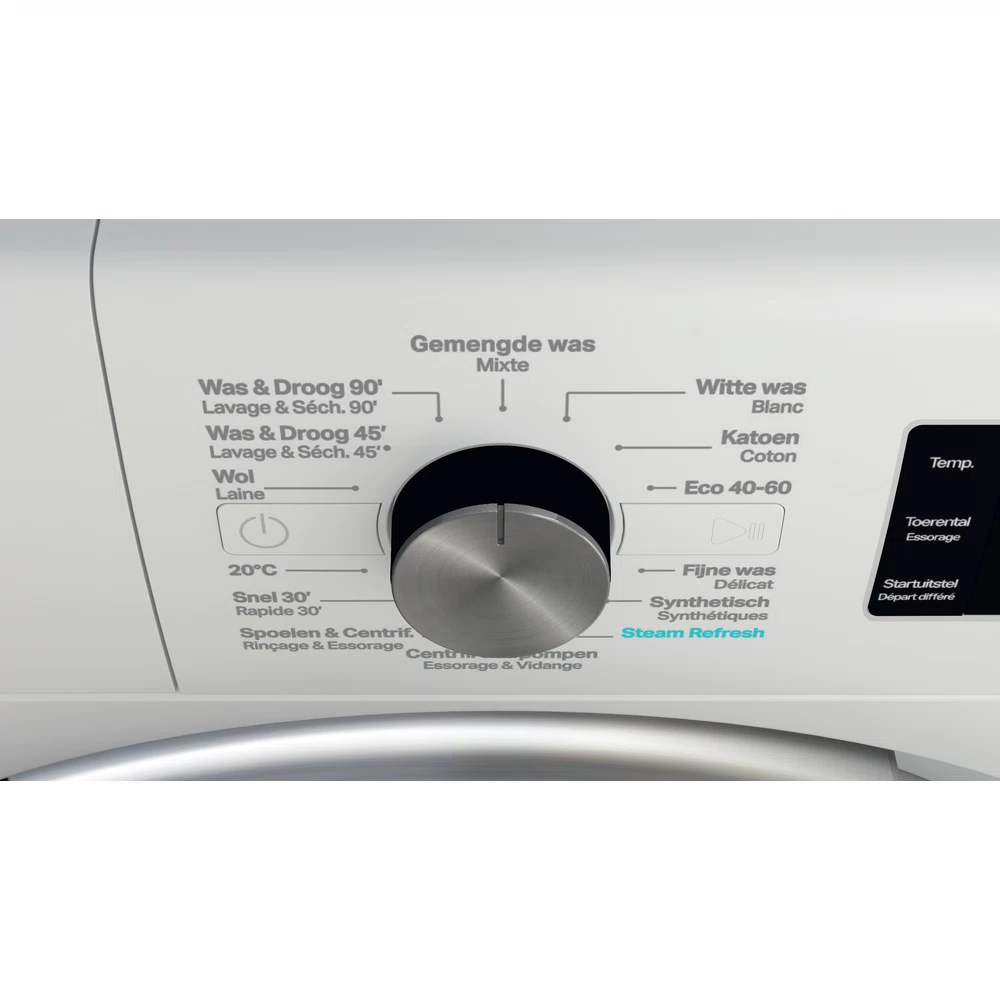 Bedieningspaneel wasmachine met draaiknop en programmakeuzes zoals Wassen & Drogen.