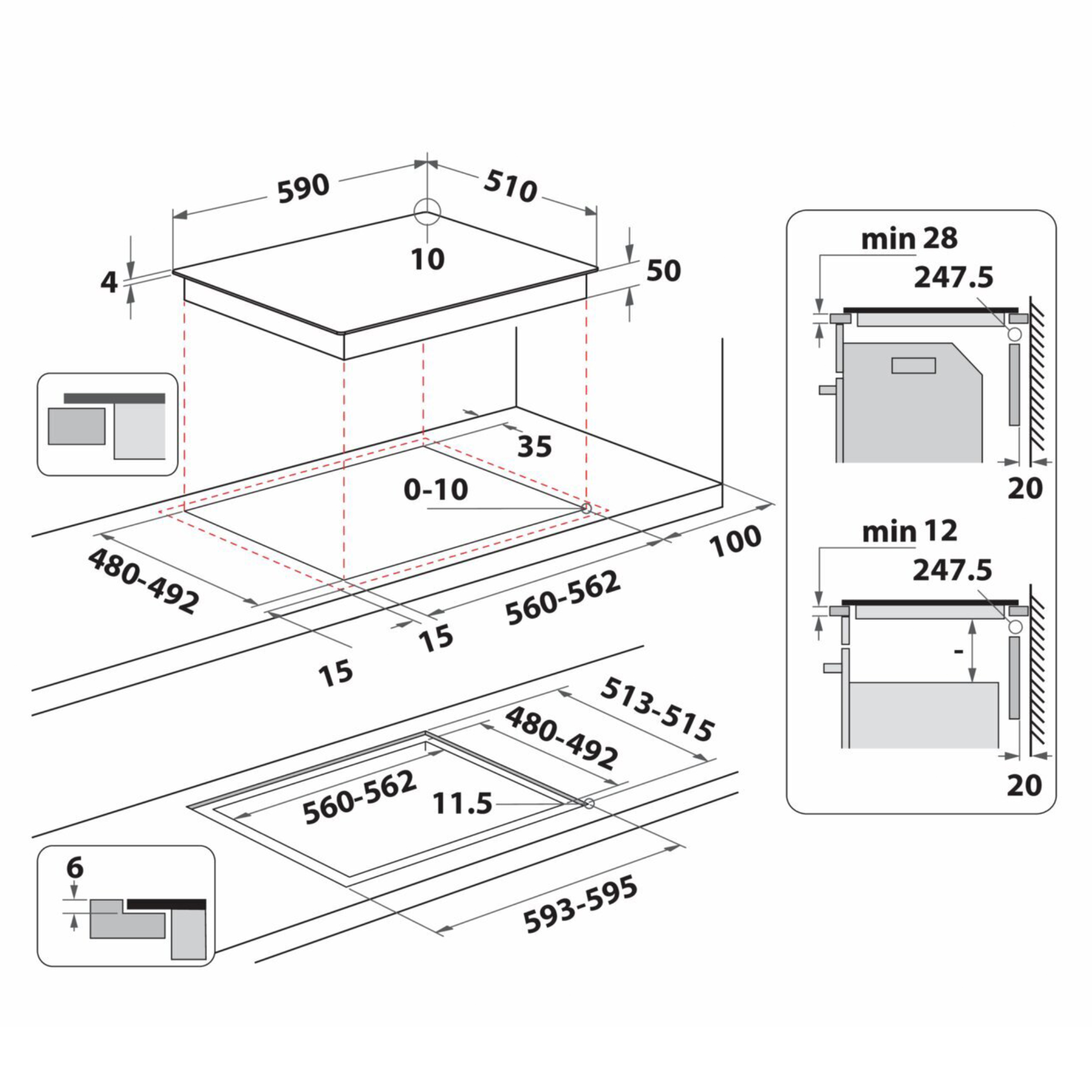 Diagramm zeigt Maße für eine Kochfeldeinbau. Enthält Maße für Breite, Tiefe und Ausschnitt.