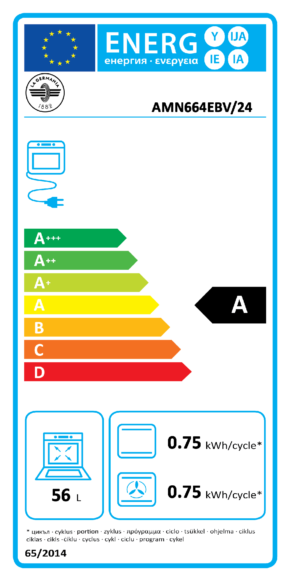 Etichetta energetica La Germania AMN664EBV/24. Scala efficienza A+++ a D. Capacità 56L.