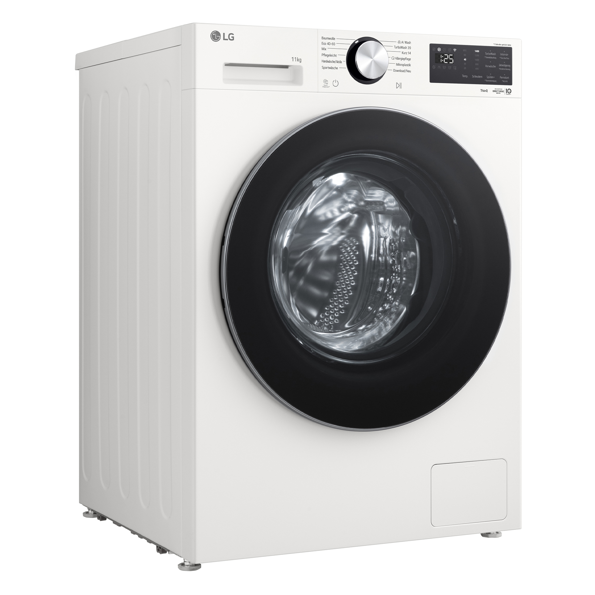 Weiße LG Waschmaschine mit schwarzer Tür und digitalem Display.