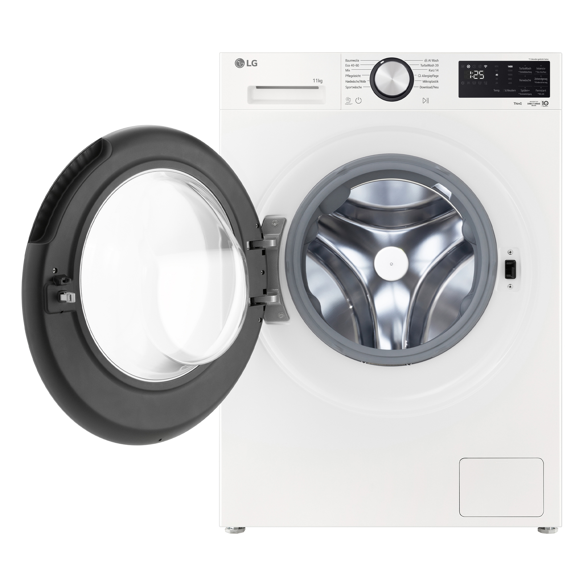 Weiße LG Waschmaschine mit geöffneter Tür, Bedienfeld mit Display und Drehrad.