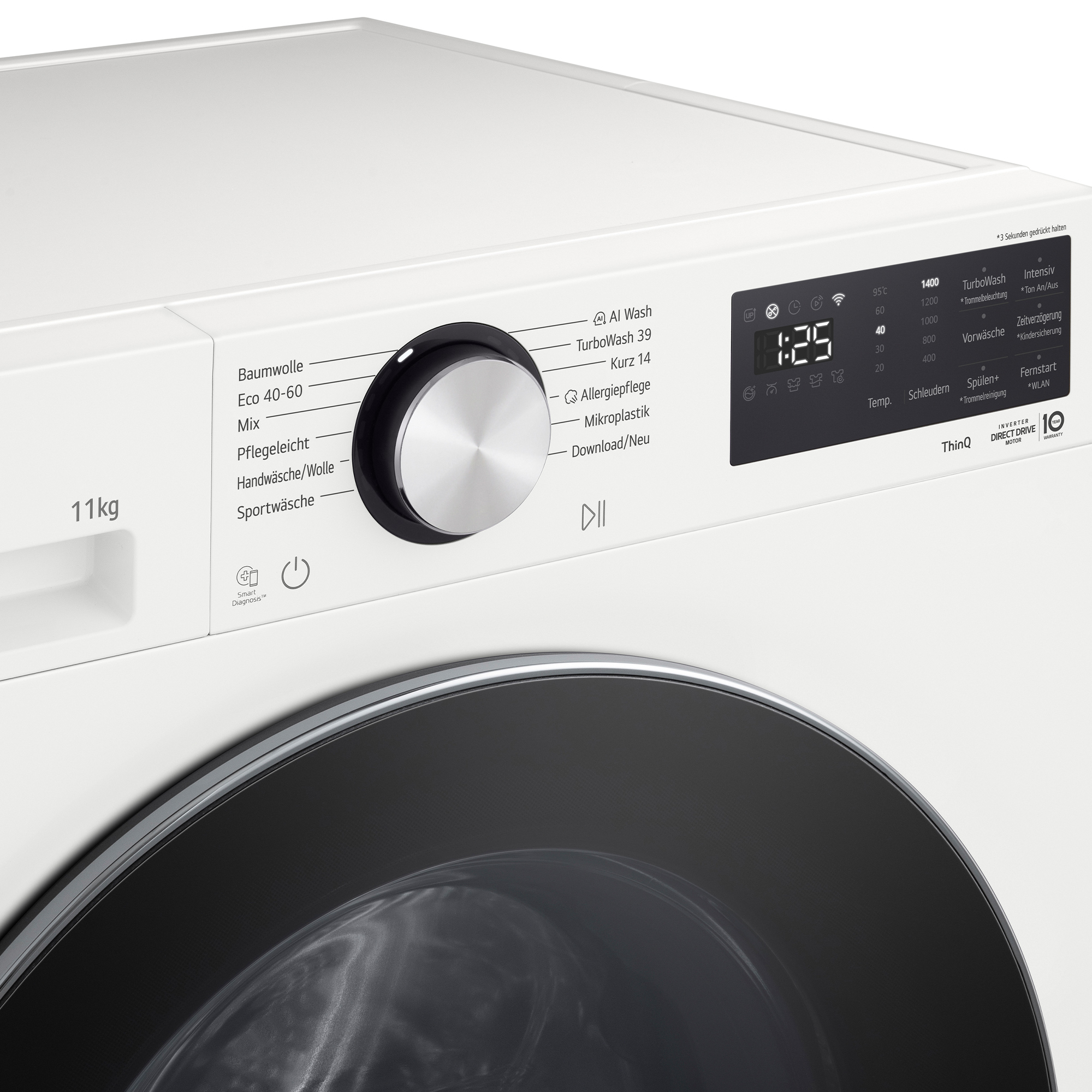 Eine weiße Waschmaschine mit Bedienfeld und digitaler Anzeige. Links steht 11kg.