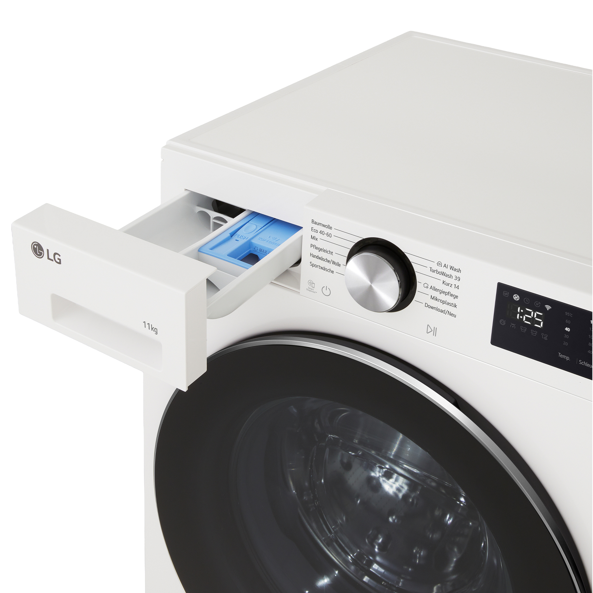 Weiße LG Waschmaschine mit ausgefahrener Schublade für Waschmittel und digitaler Anzeige.