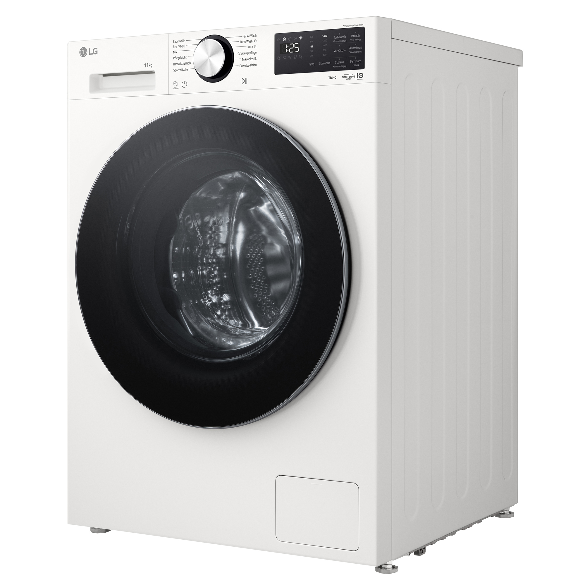 Eine weiße LG Waschmaschine mit schwarzer Tür und Bedienfeld.