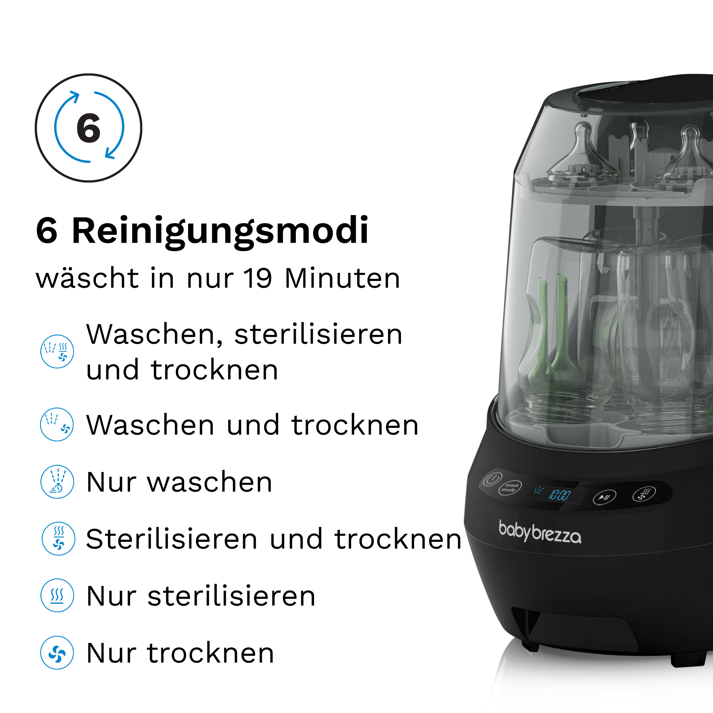 Babyflaschensterilisator mit 6 Modi, wäscht, sterilisiert und trocknet Flaschen.