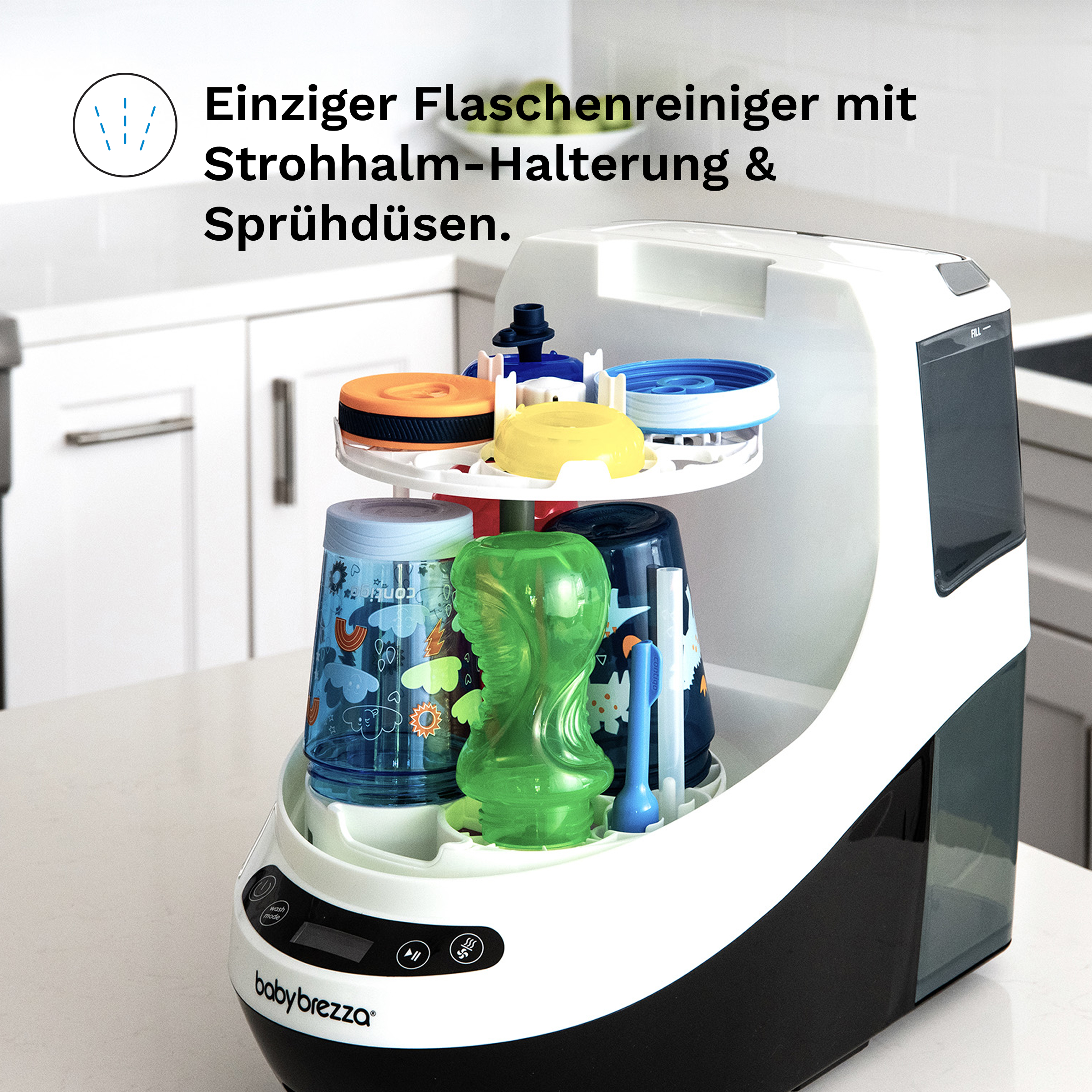 Babyflaschenreiniger mit Halterung für Strohhalme und Sprühdüsen.
