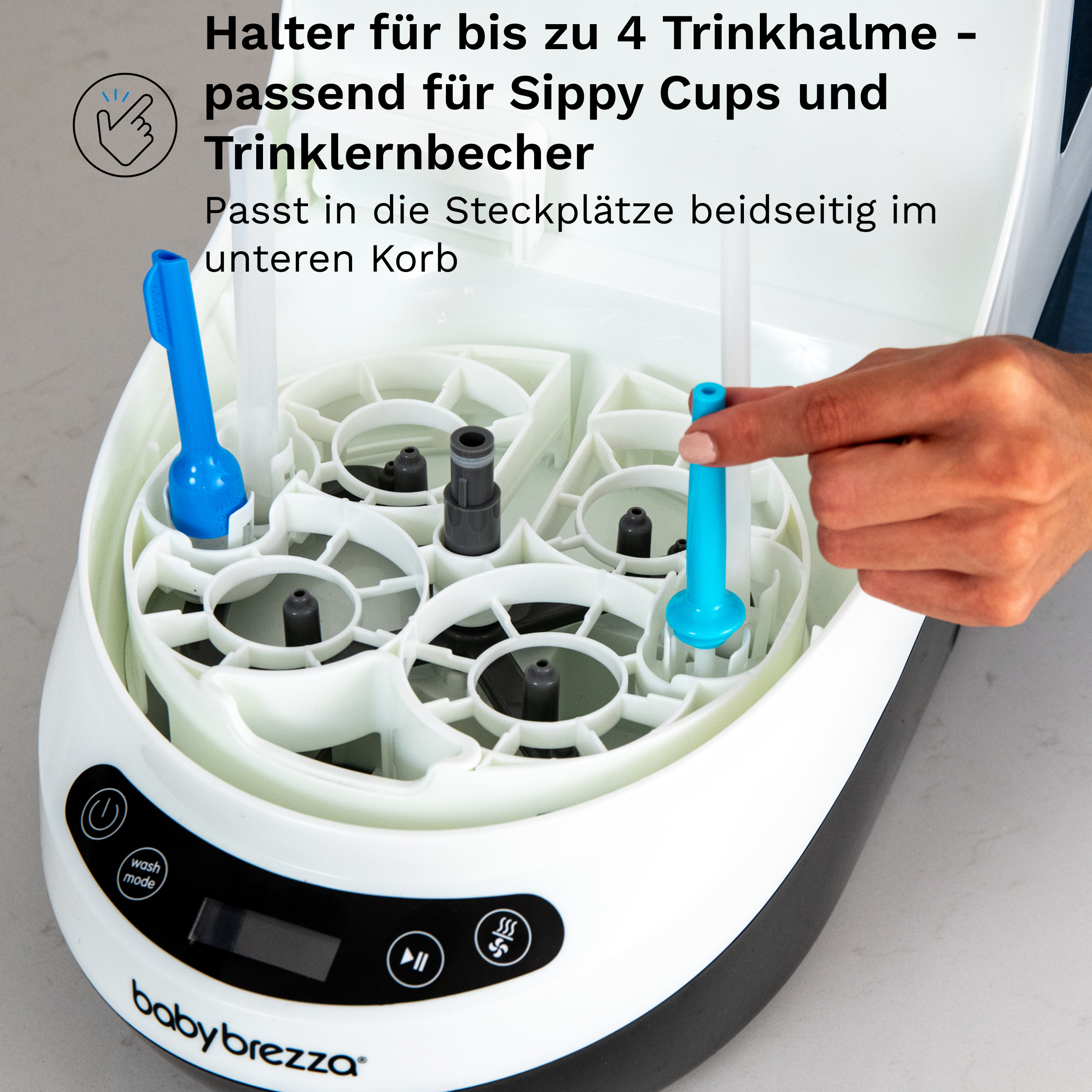 Ein Babybrezza-Gerät mit Halter für Trinkhalme, Sippy Cups und Trinklernbecher.
