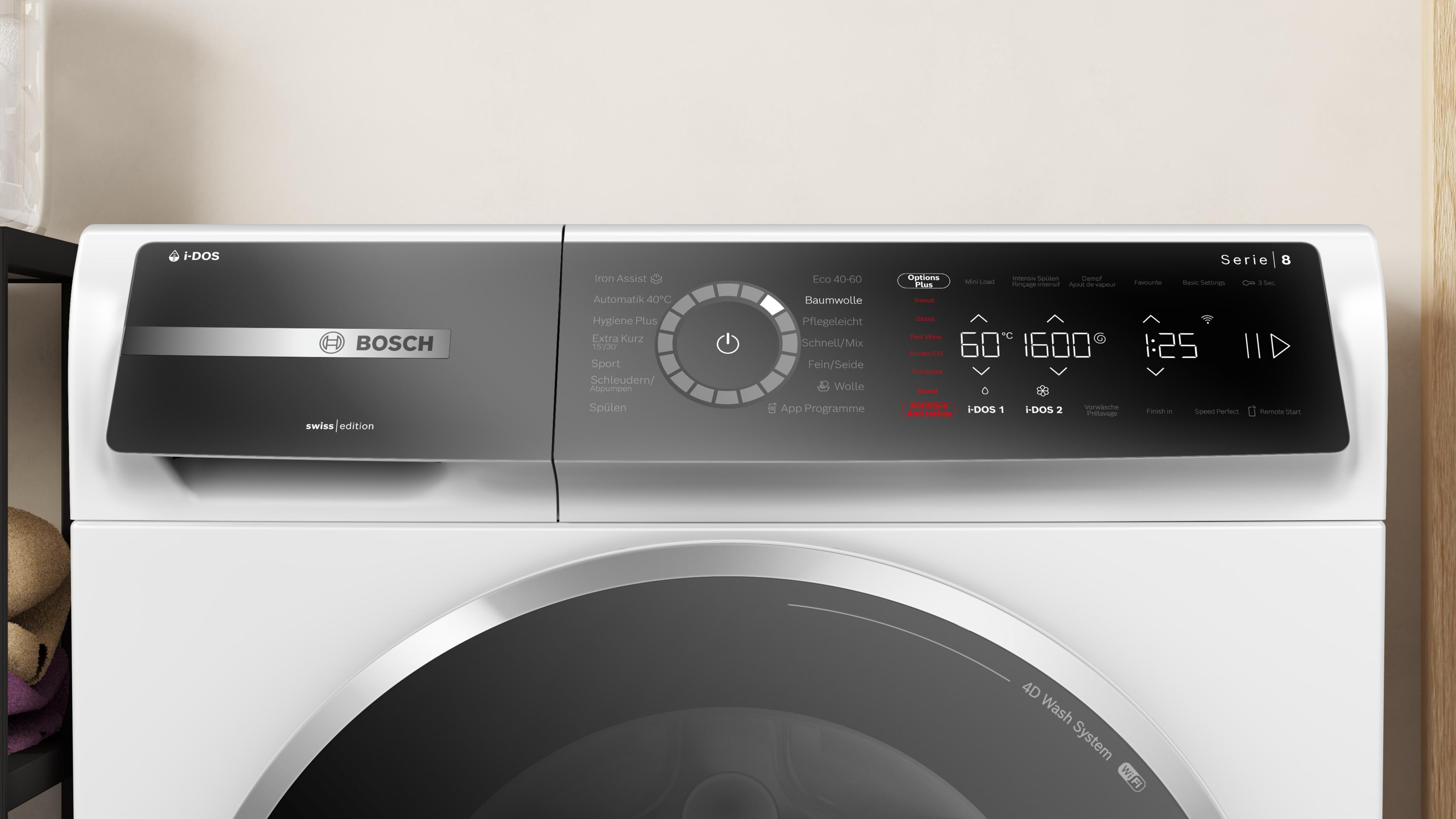 Lave-linge Bosch avec i-DOS, écran tactile et nombreux programmes.