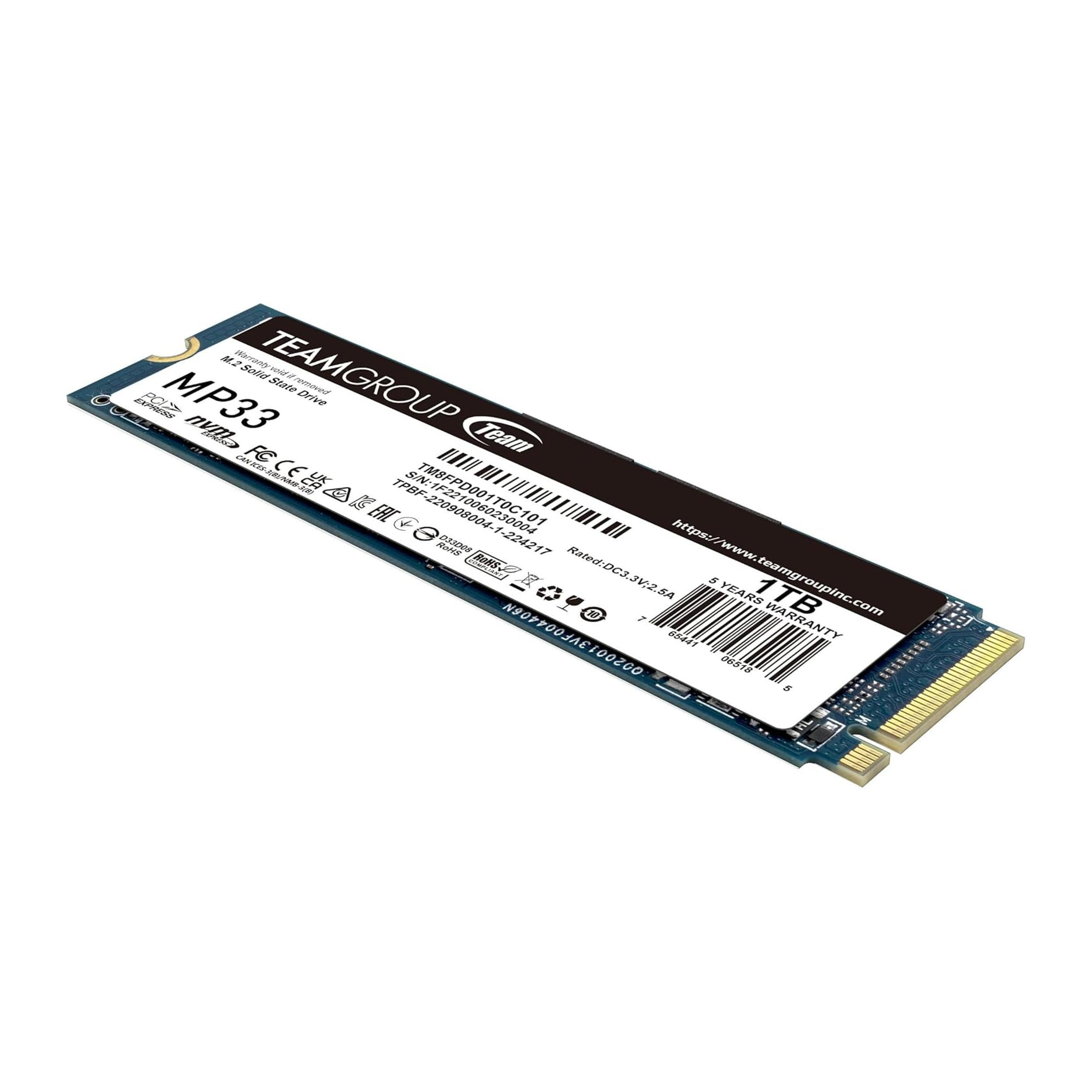 SSD M.2 NVMe Teamgroup MP33, 1TB, avec interface PCI Express et 5 ans de garantie.