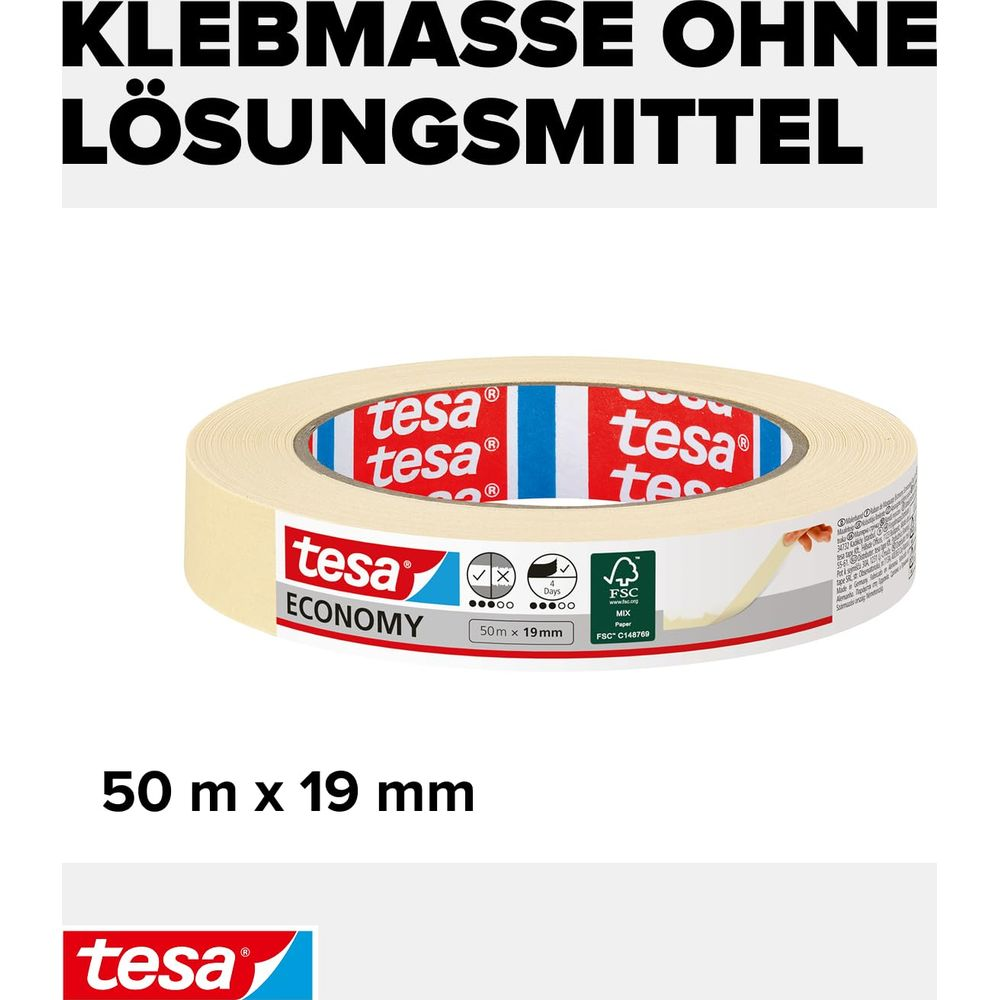 Tesa Klebeband Rolle, 50m x 19mm, Lösungsmittelfrei, Economy