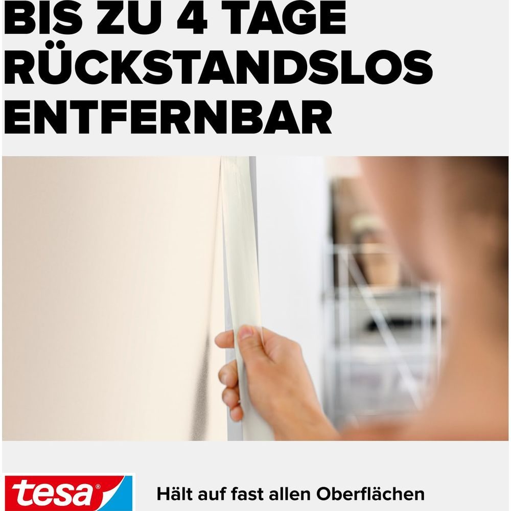 Hand zieht Klebeband von einer Wand ab. Text: Bis zu 4 Tage rückstandslos entfernbar.