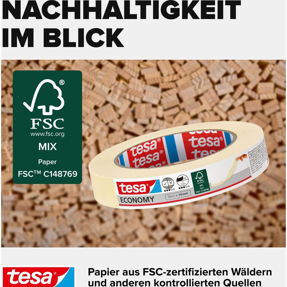 FSC-zertifiziertes Klebeband von Tesa auf Holzuntergrund mit Siegeln.