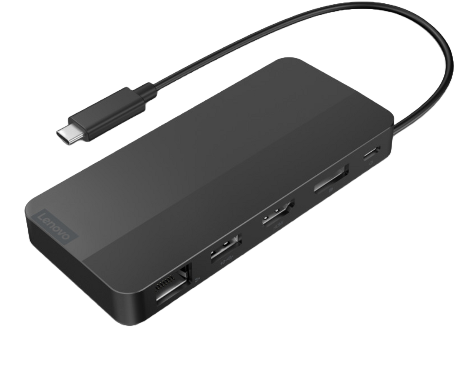 Hub USB-C Lenovo negro con varios puertos y un cable.