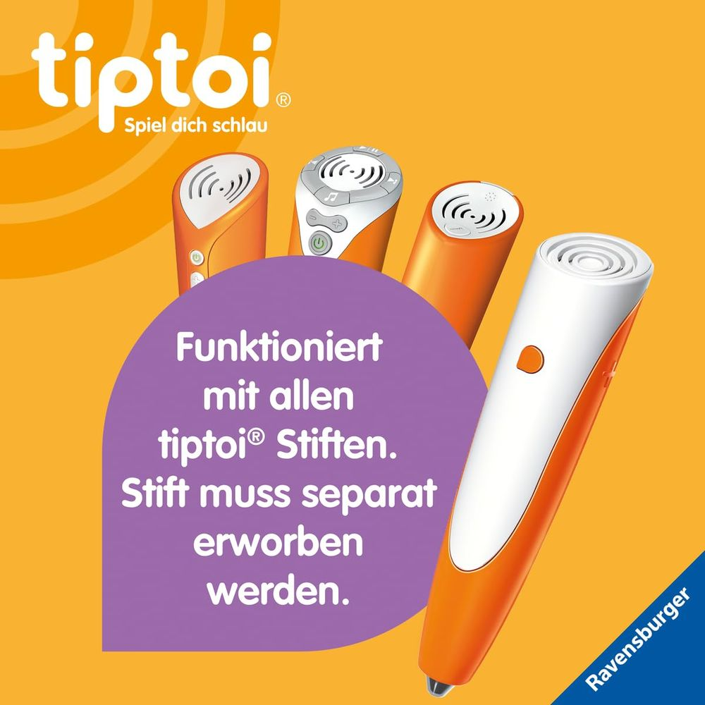 Vier orange-weiße Tiptoi-Stifte werden gezeigt. Text besagt, sie funktionieren mit allen Tiptoi-Stiften.