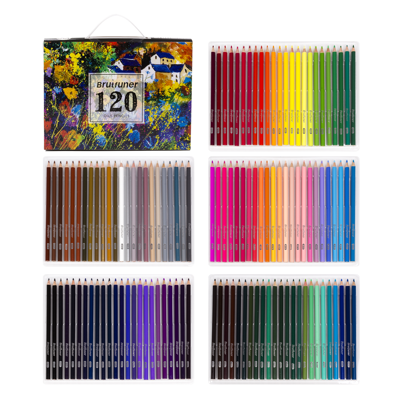 Una scatola di 120 matite oleose, disposte in quattro file di vari colori.