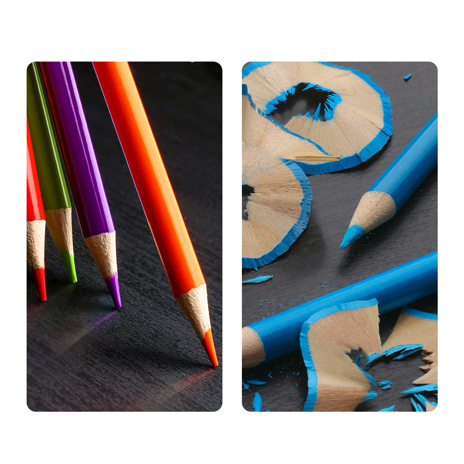 Matite colorate e trucioli di legno con punte blu su sfondo scuro.
