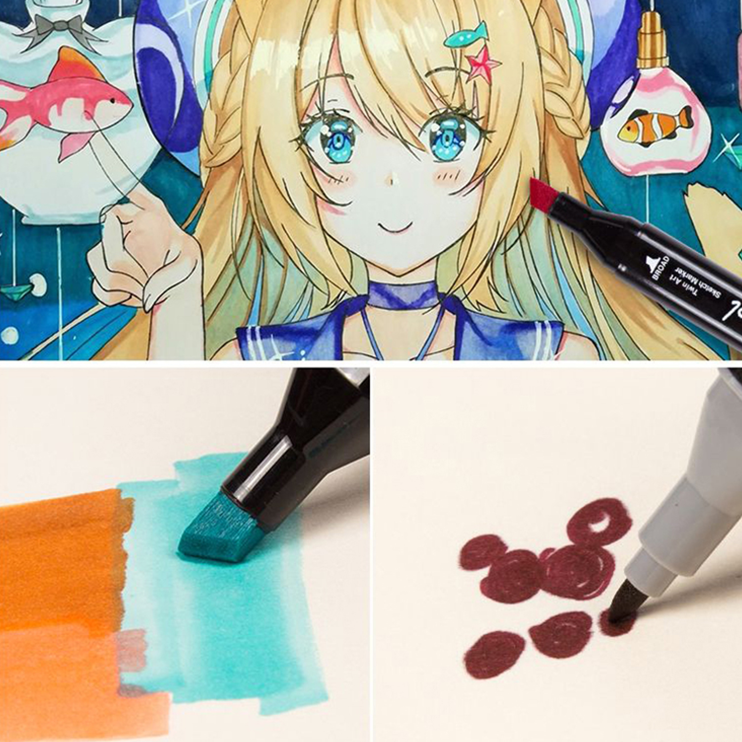 Ragazza anime con motivi di pesce e pennarelli su carta.