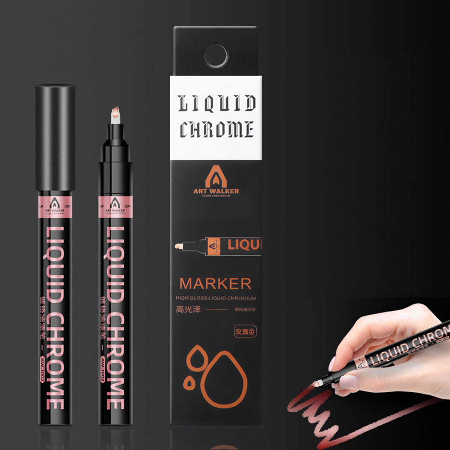 Un pennarello Liquid Chrome con confezione e una mano che disegna.