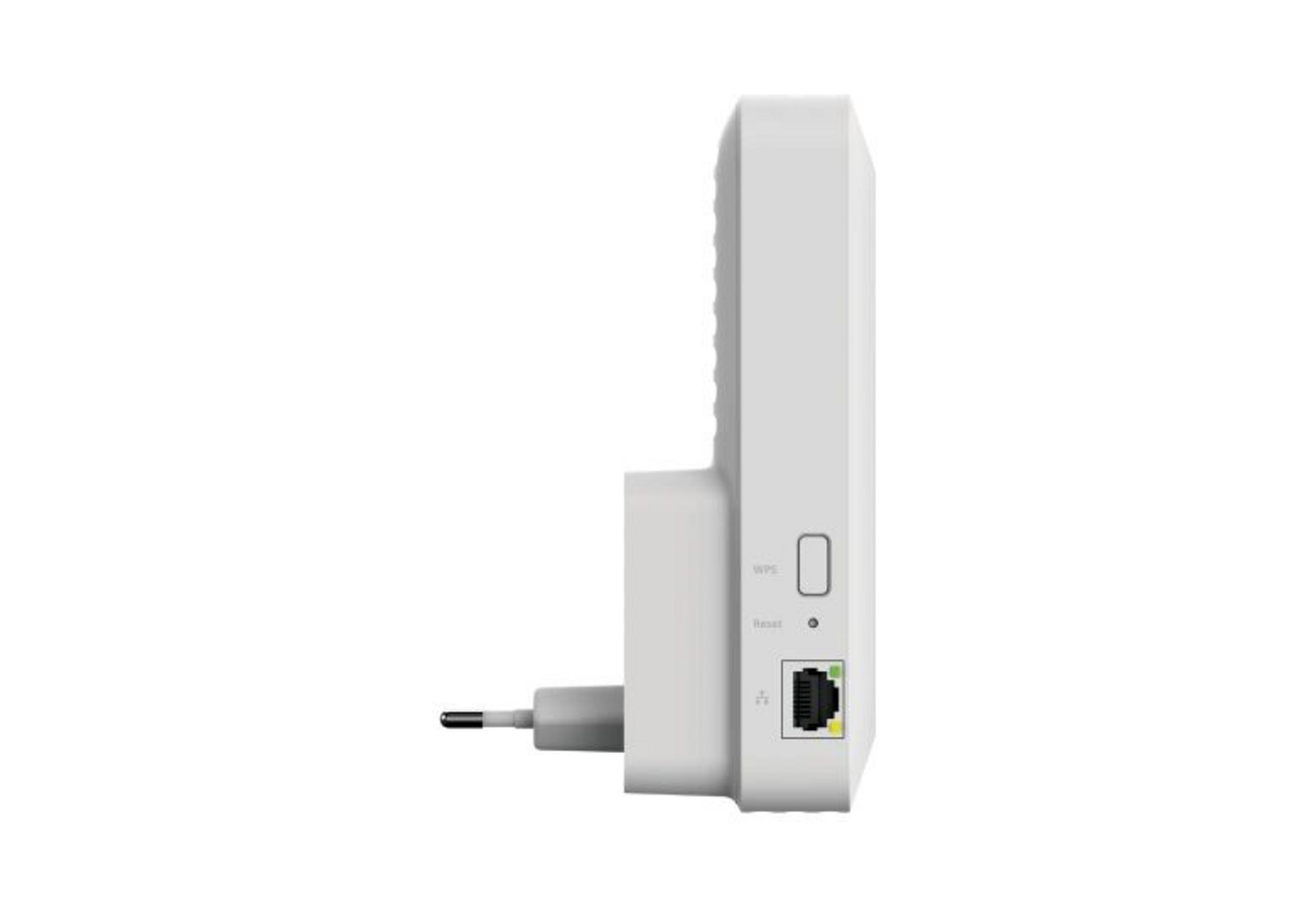 Ein weißer WLAN-Repeater mit einem Stecker, Ethernet-Anschluss und WPS-Taste.