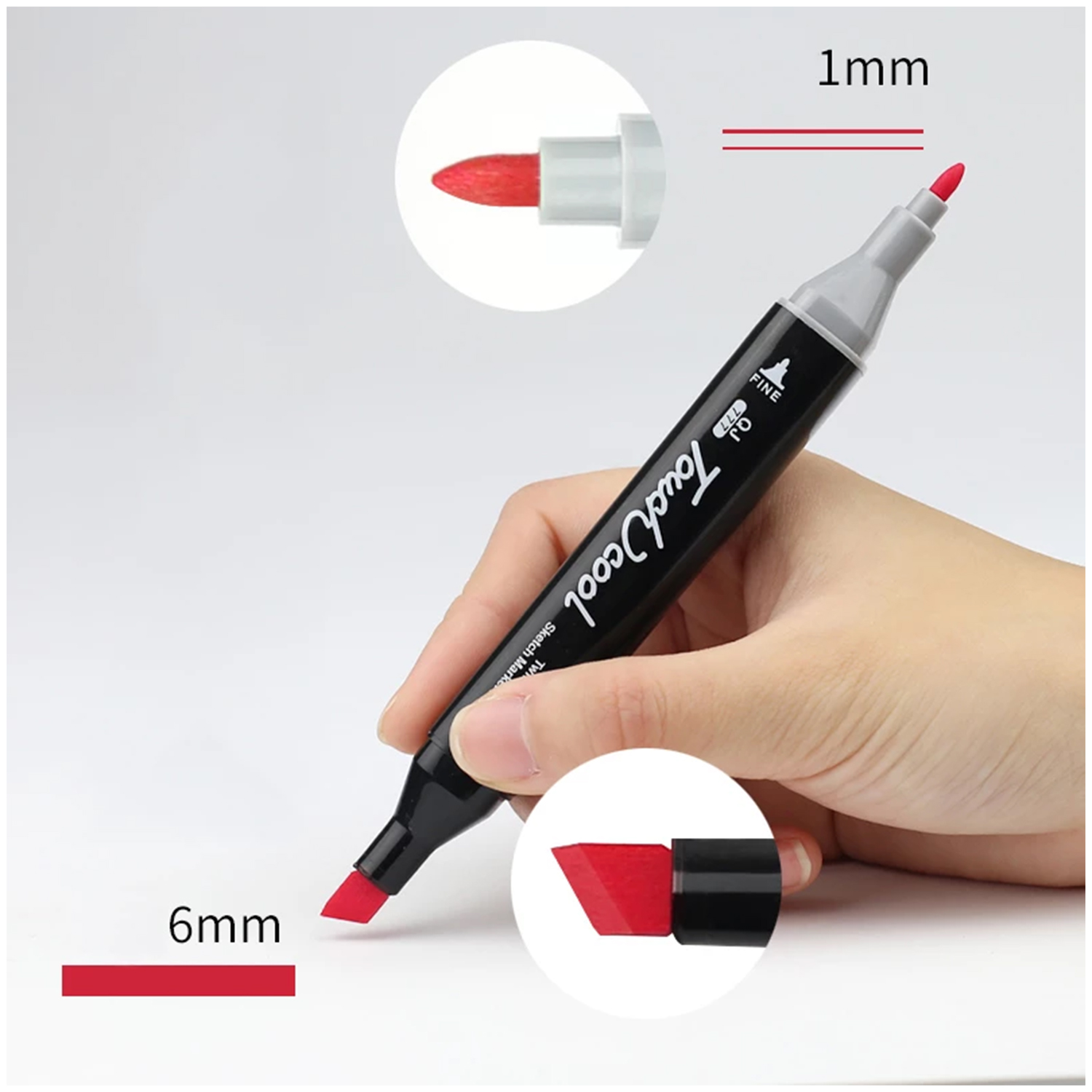 Una mano tiene un pennarello nero con punta rossa. Dettagli mostrano misure 1mm e 6mm.