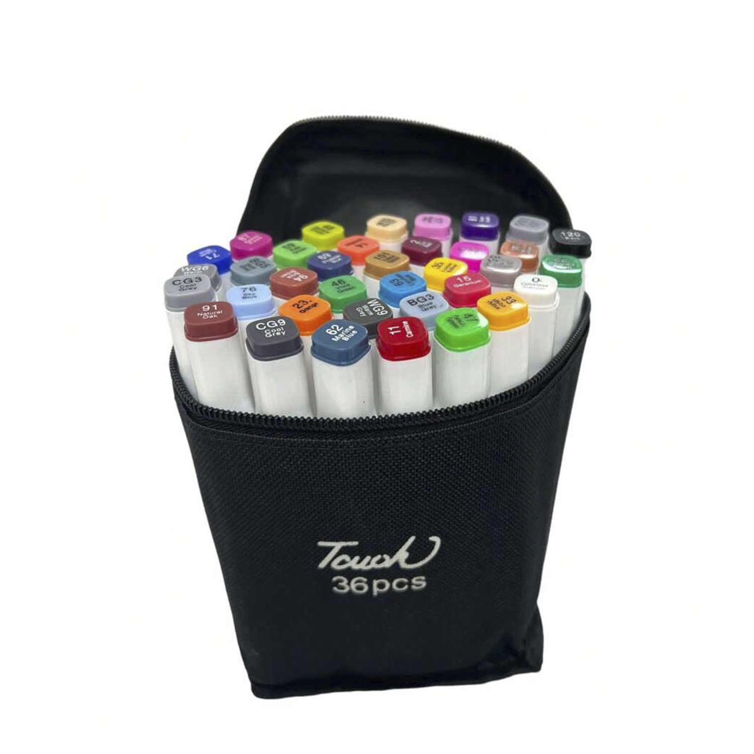 Una borsa nera con 36 pennarelli colorati in piedi.