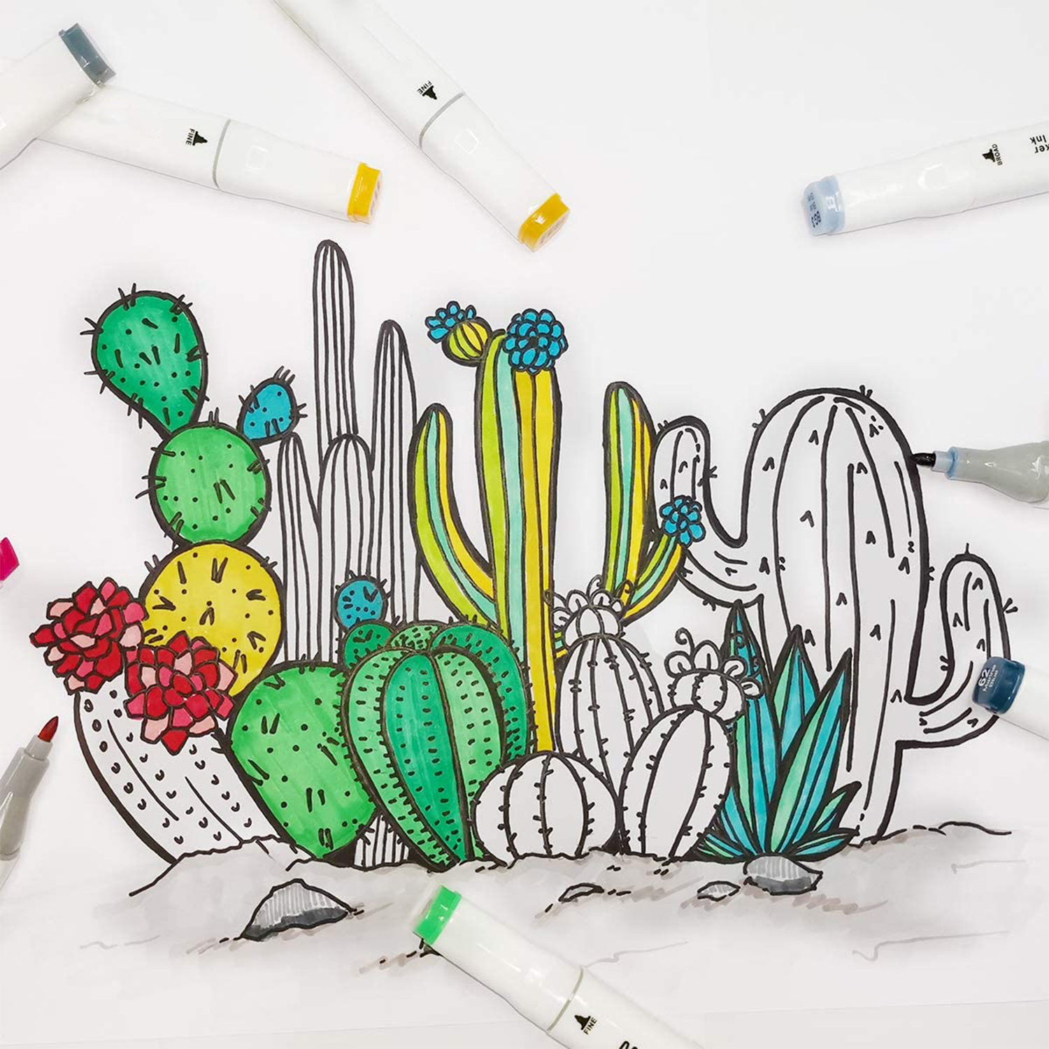 Cactus disegnati colorati con pennarelli su carta bianca, alcuni pennarelli sparsi.