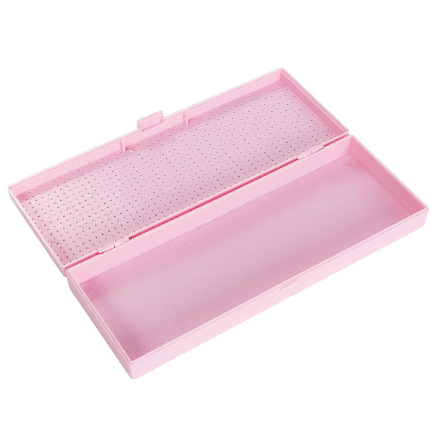 Una scatola rettangolare aperta in plastica rosa chiaro con coperchio perforato.