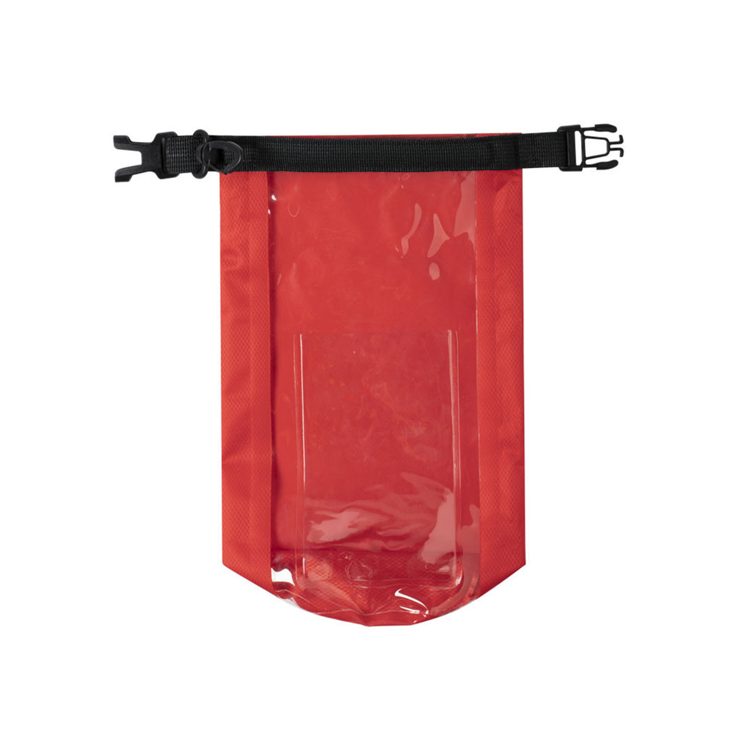 Borsa impermeabile rossa con finestra trasparente e chiusura a fibbia nera.