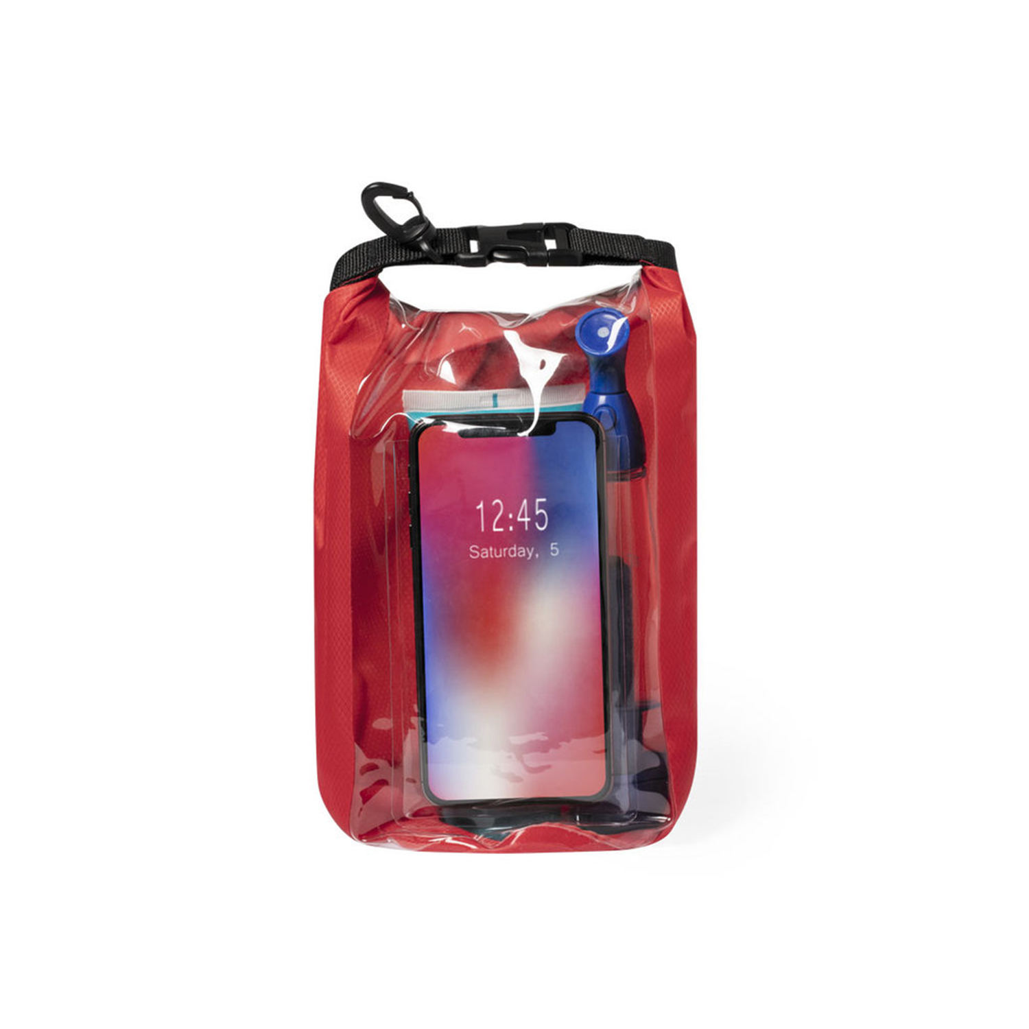 Borsa impermeabile rossa con finestra trasparente, contenente uno smartphone e una bottiglia blu.