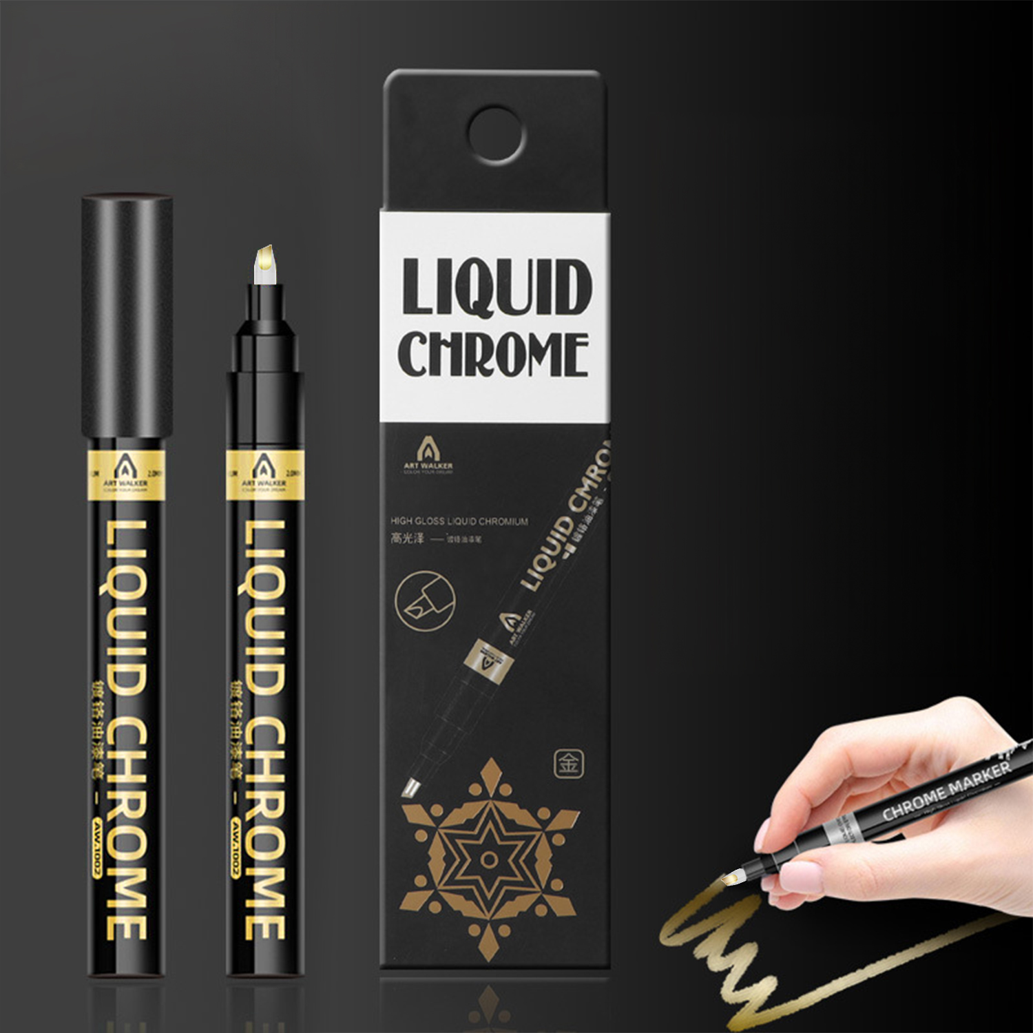 Un pennarello nero "Liquid Chrome" accanto alla sua confezione.