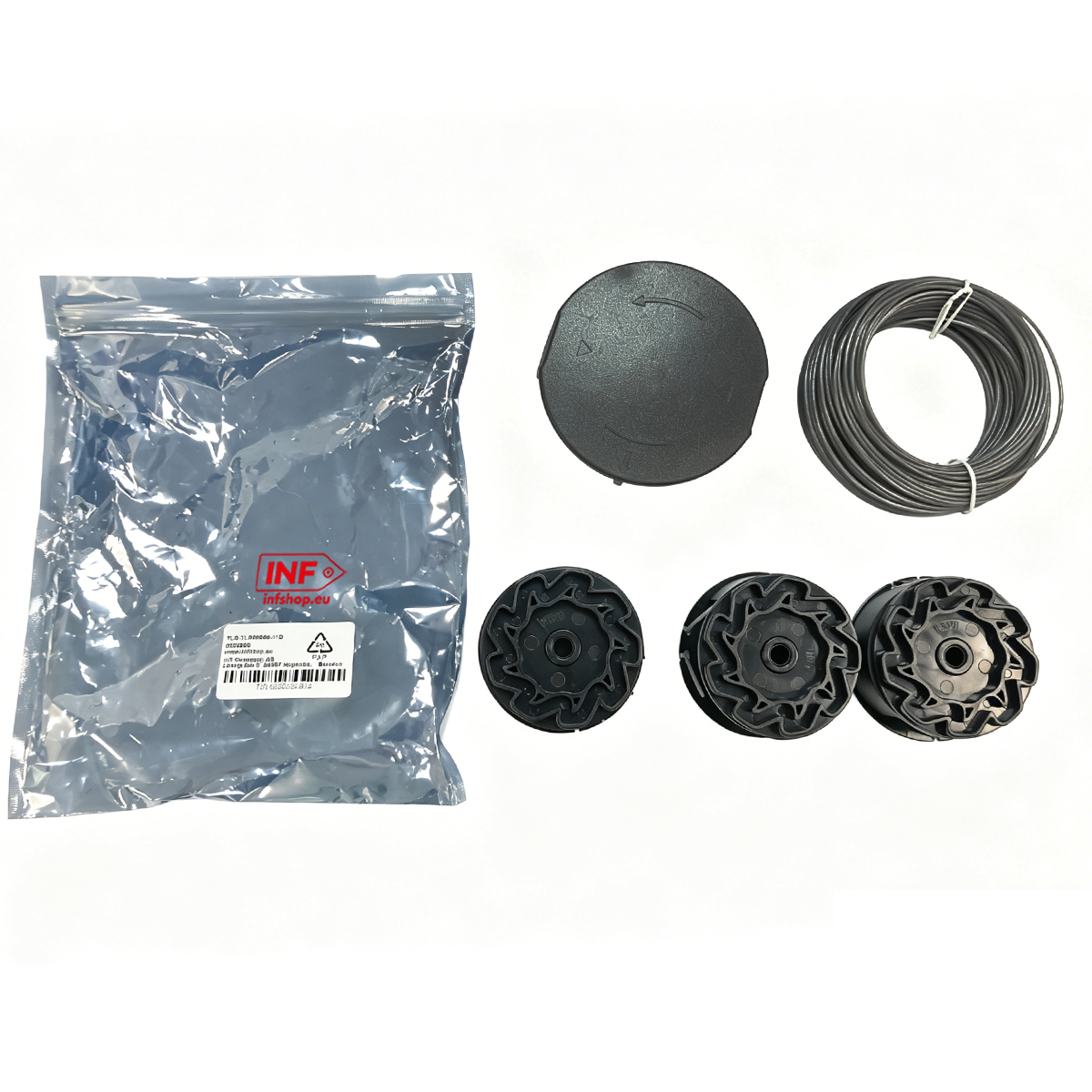 Ein Paket mit Rasentrimmer-Ersatzteilen: Spulenkopf, Schnurrolle und drei Spulen.