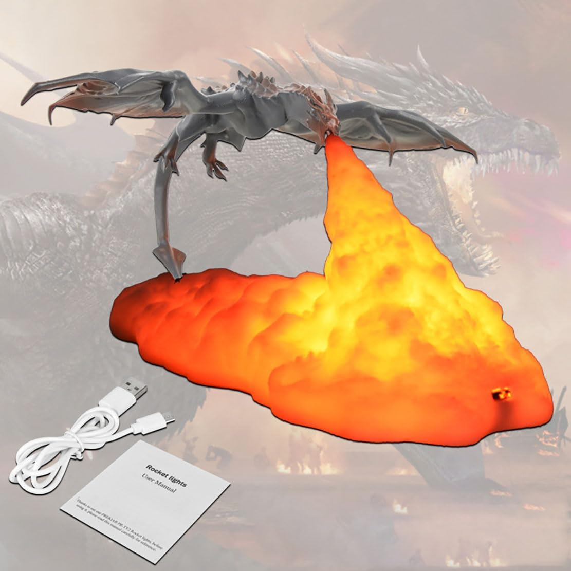 Drachenlampe atmet Feuer, mit USB-Kabel und Handbuch.