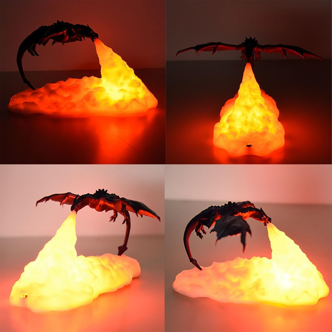 Dunkler Drache spuckt gelb-orangen Flammenstoß auf einer leuchtenden Basis.