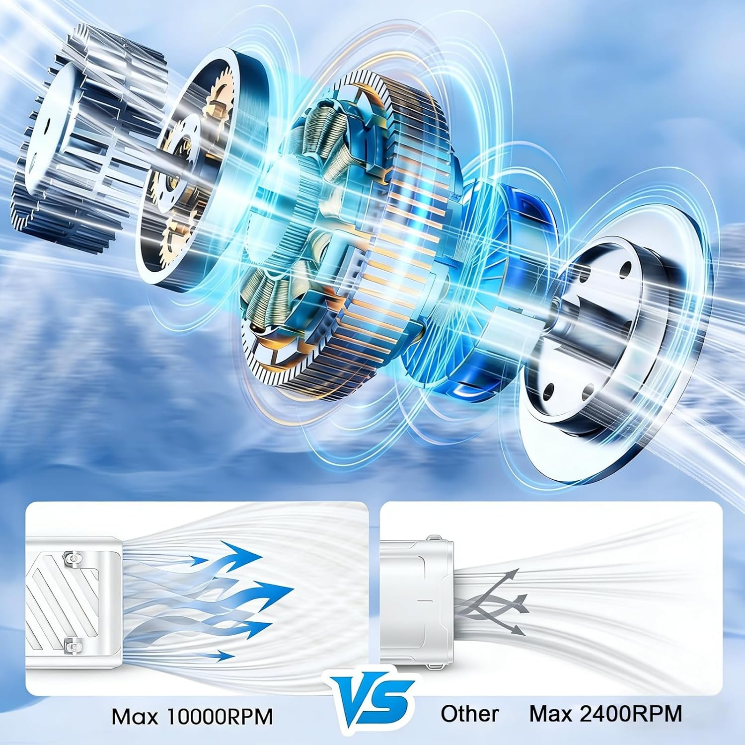 Explosionszeichnung eines Lüftermotors mit blauen Lichteffekten und Flussdiagrammen.
