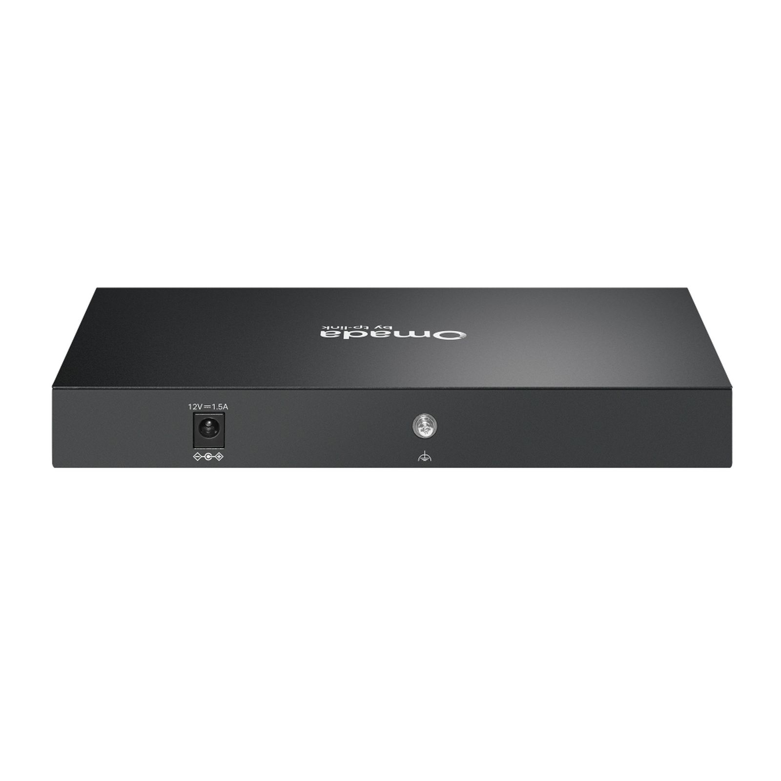 Schwarzes TP-Link Omada Gerät mit Stromanschluss und Logo.