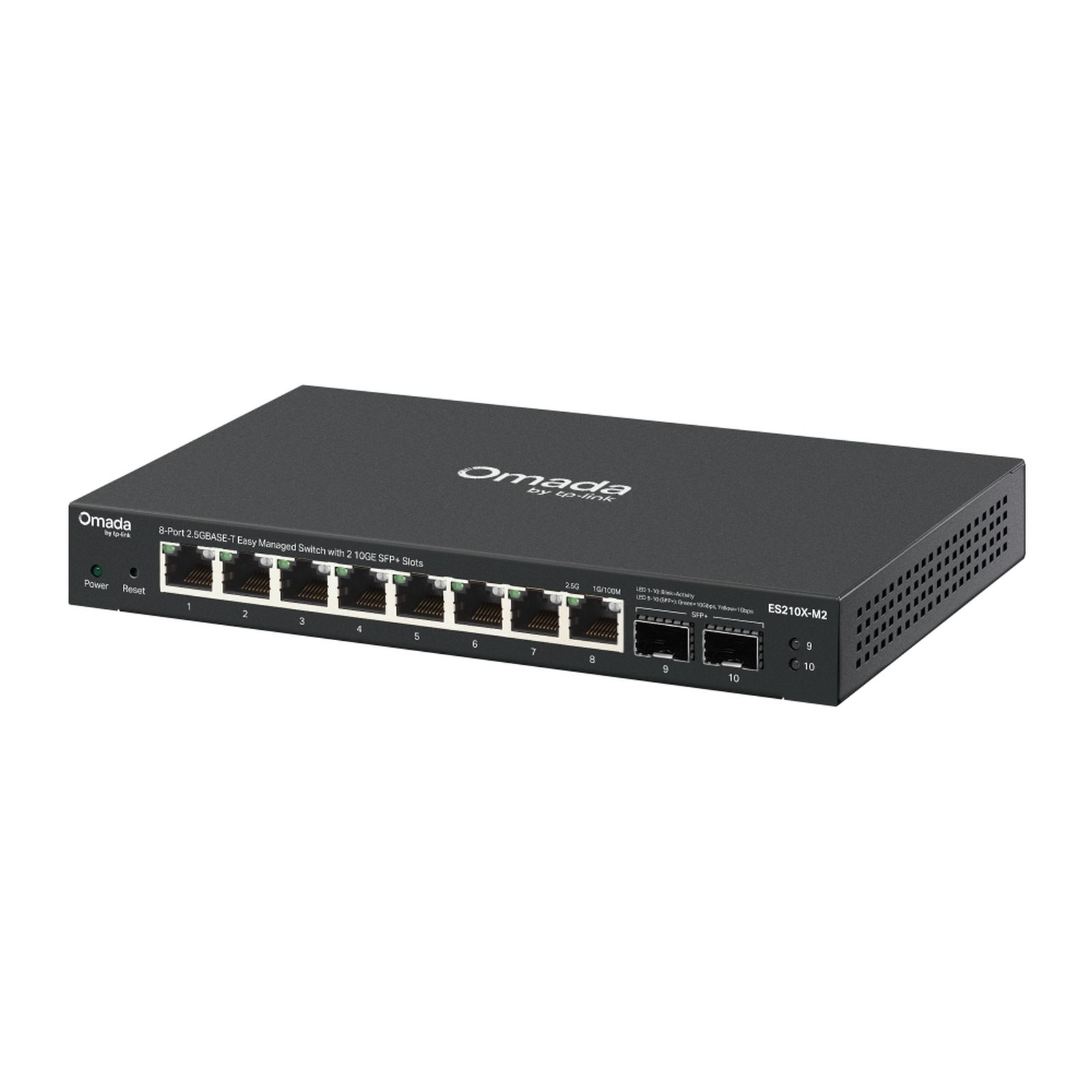 Ein schwarzer Netzwerk-Switch mit 8x 2.5GbE-Ports und 2x 10GbE SFP+-Slots.