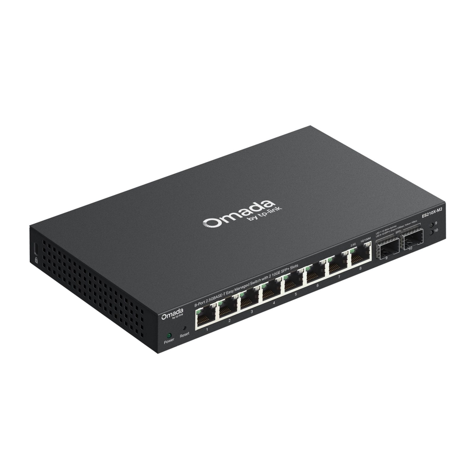 Ein schwarzer 8-Port 2,5-GBASE-T Switch mit 2 10-GE-SFP+-Steckplätzen.