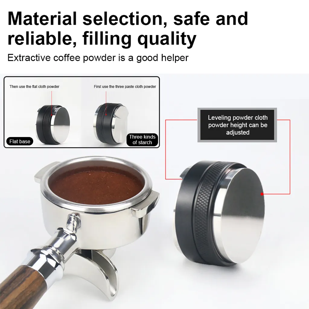 Kaffeepulver-Tamper mit Holzgriff und verstellbarer Höhe.